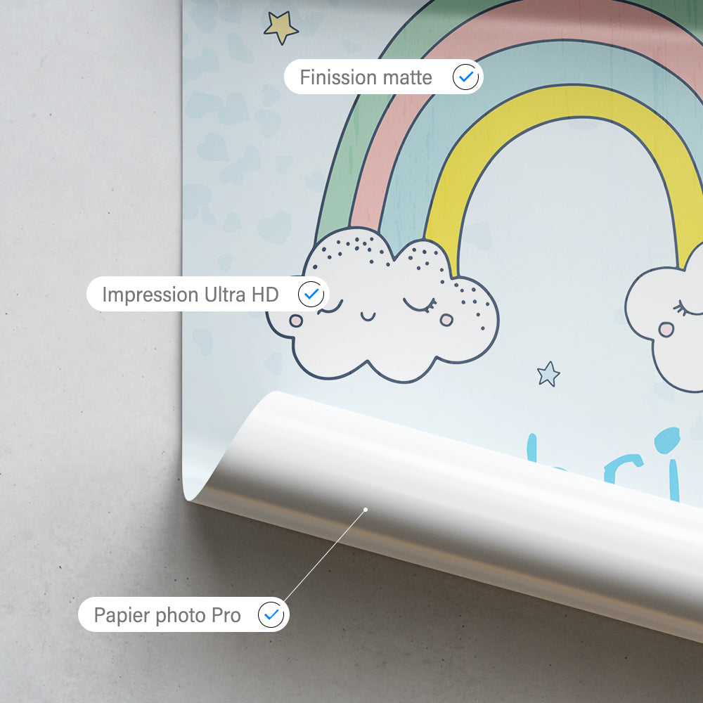 Affiche naissance personnalisée, Arc en ciel et nuages Garçon