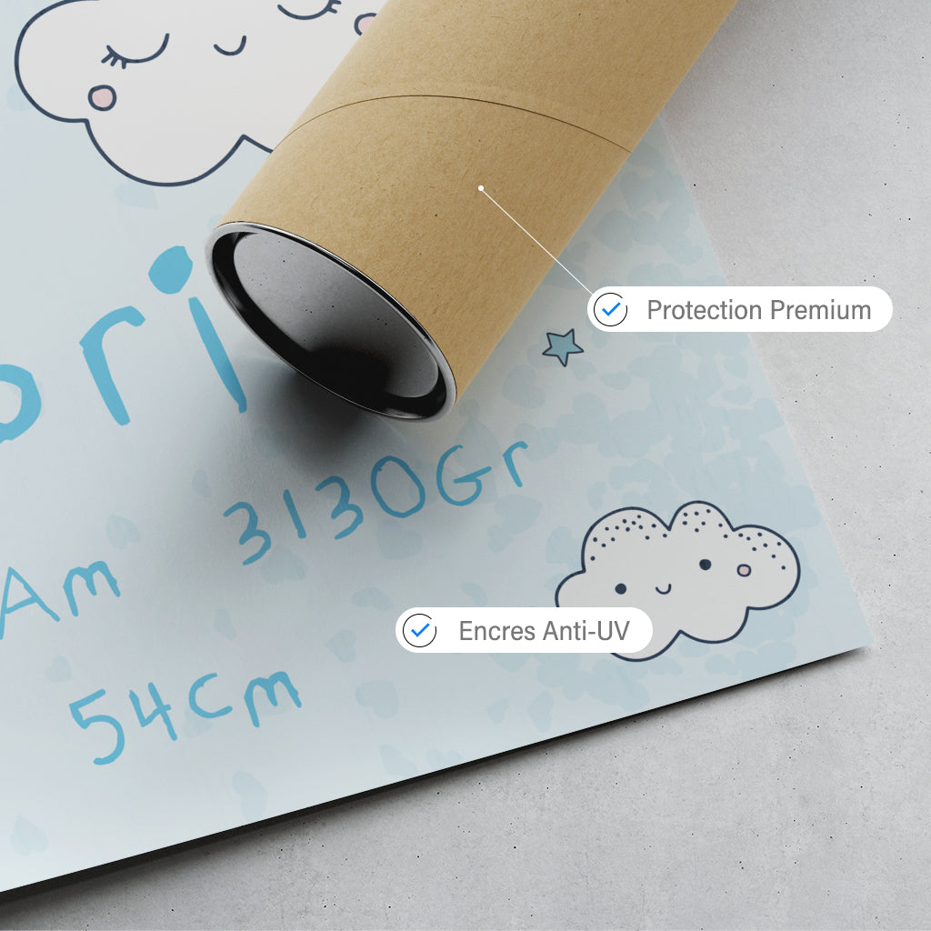 Affiche naissance personnalisée, Arc en ciel et nuages Garçon