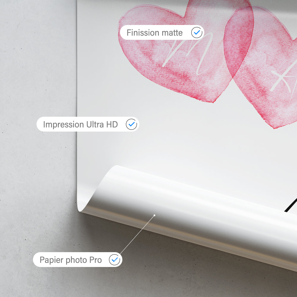 Affiche personnalisée Couple et Mariage, Coeurs croisées aquarelle rose