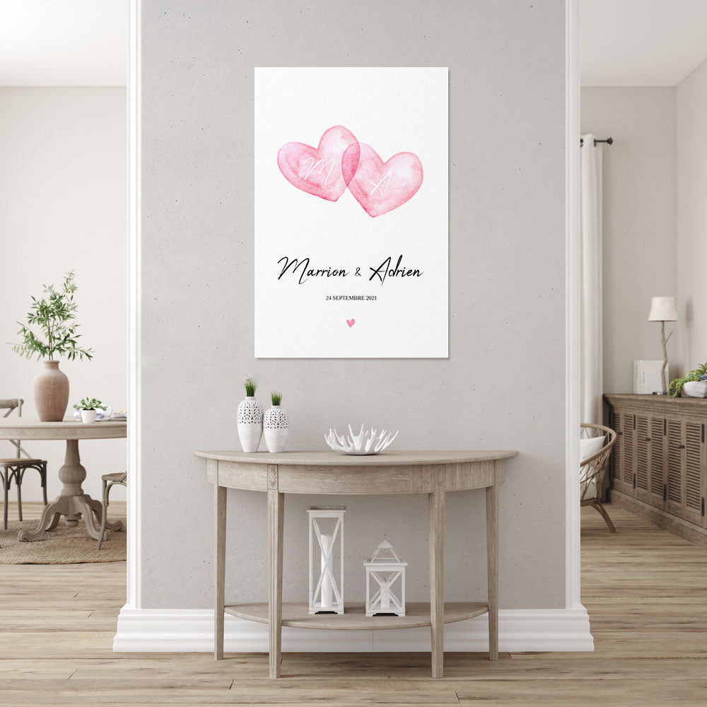 Affiche personnalisée Couple et Mariage, Coeurs croisées aquarelle rose