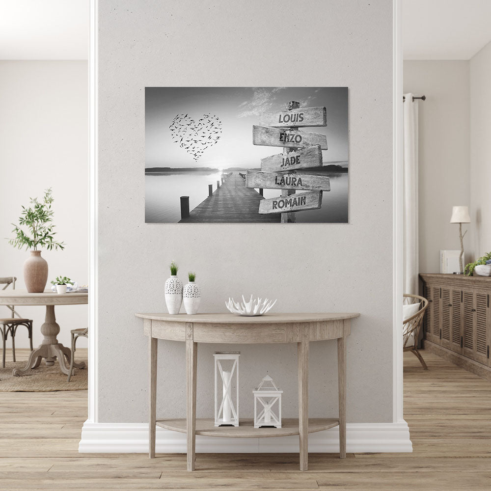 Affiche personnalisée famille, prénom panneaux, Ponton mer coucher soleil noir et blanc