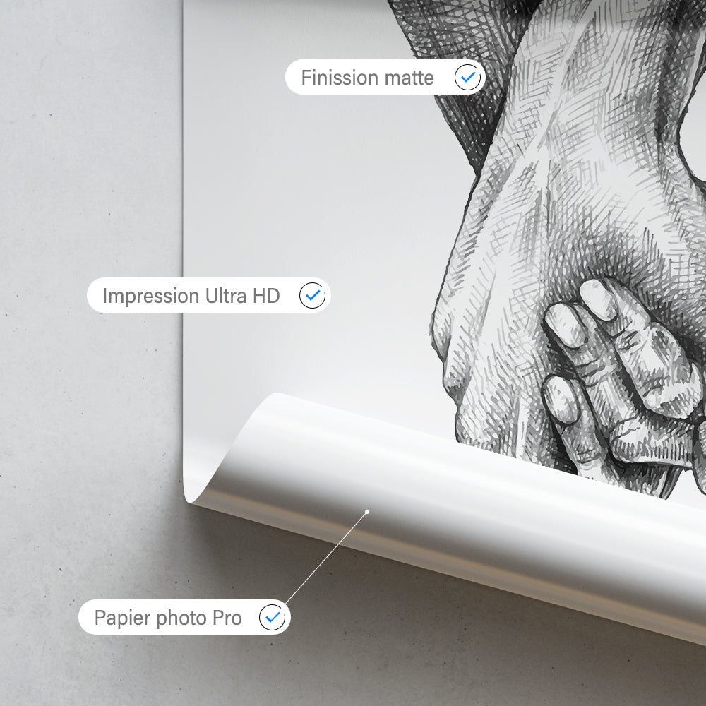 Affiche personnalisée couple et mariage, mains enlacées fusain