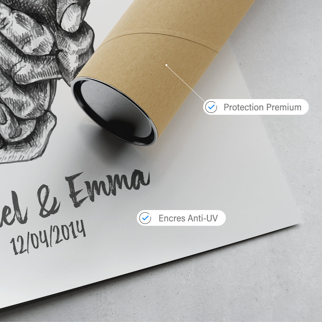 Affiche personnalisée couple et mariage, mains enlacées fusain