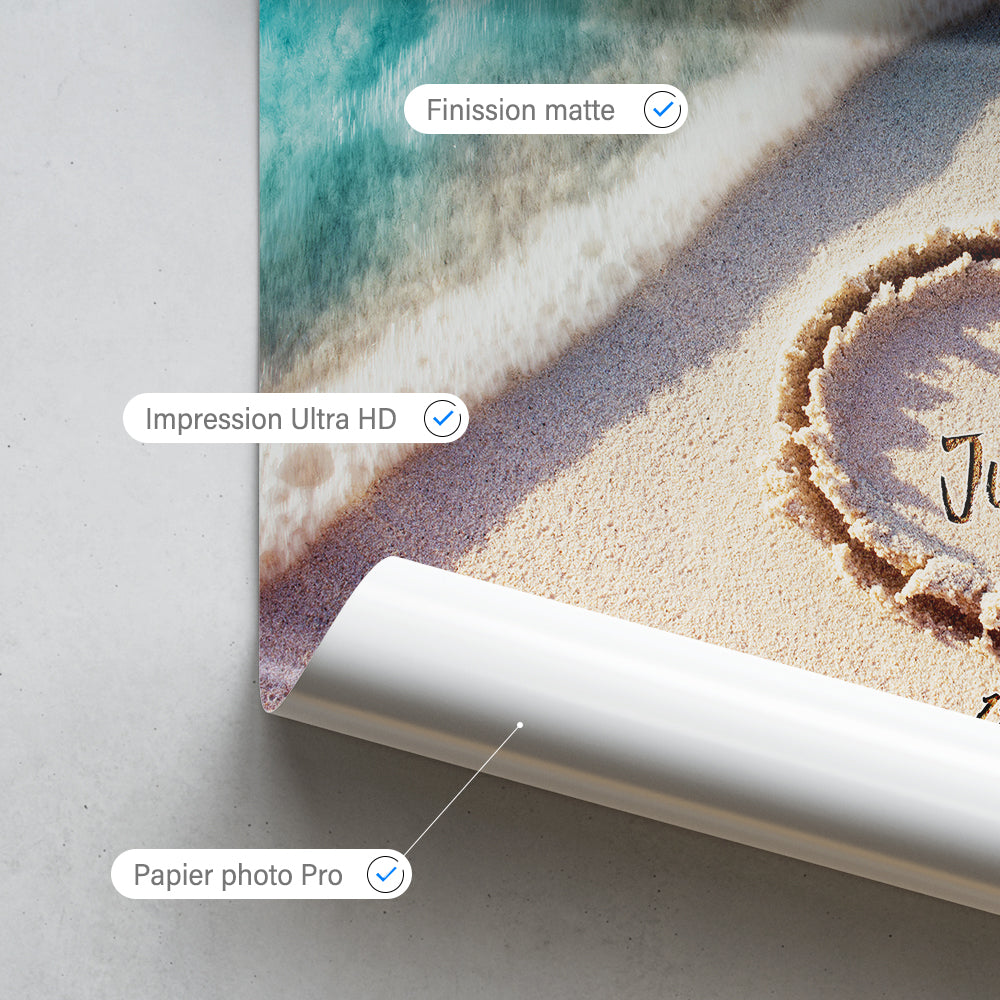 Affiche personnalisée couple et mariage, Cœur sable plage