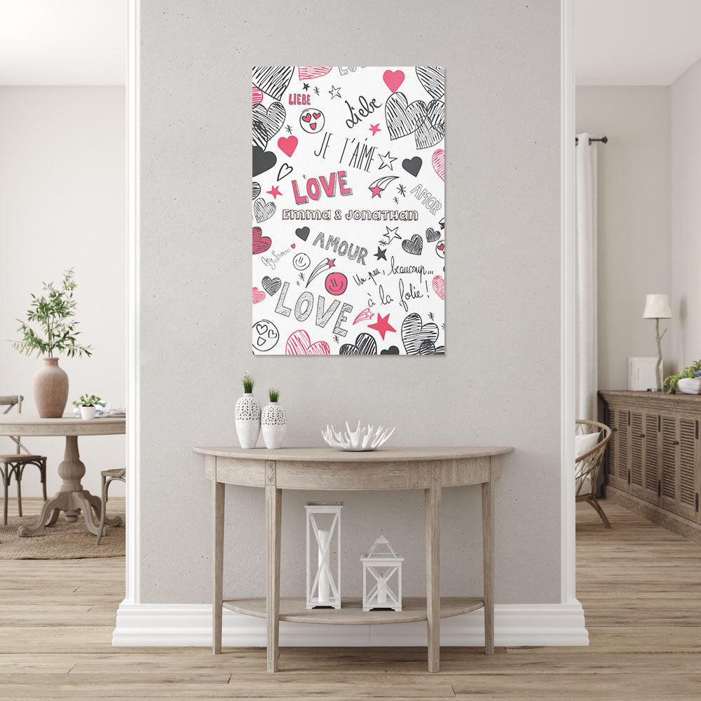 Affiche personnalisée couple et mariage, Smiley, coeurs et gribouillis