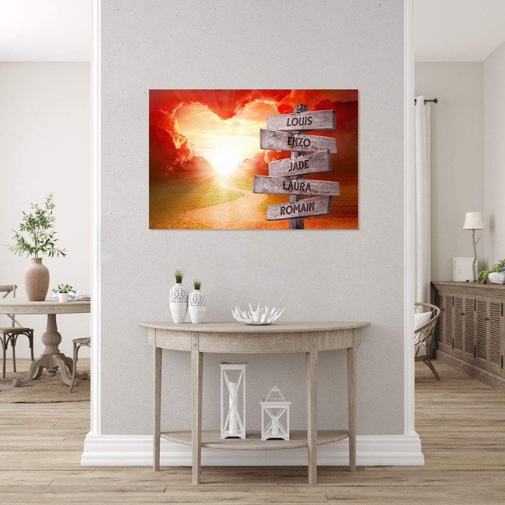 Affiche personnalisée famille, prénom panneaux, Chemin nuage coeur