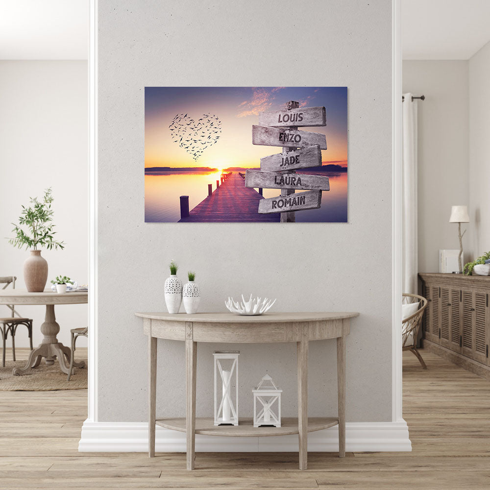 Affiche personnalisée famille, prénom panneaux, Ponton mer coucher soleil