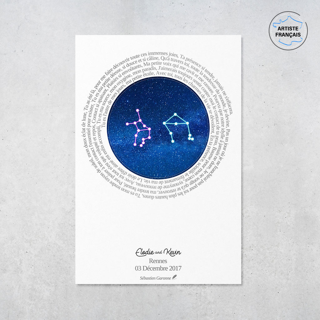 Une affiche constellation personnalisée pour couple qui représente une constellation, deux signes du zodiaque et un poème, le tout sur un fond blanc. Les prénoms, la ville et la date de rencontre du couple sont personnalisables. Le design est minimaliste.