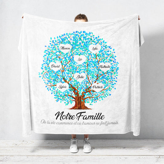 Un plaid personnalisé famille qui représente un Arbre de vie personnalisé en forme de boule et peint en aquarelle avec des feuilles de couleur cyans. Les prénoms et les textes sont personnalisables.