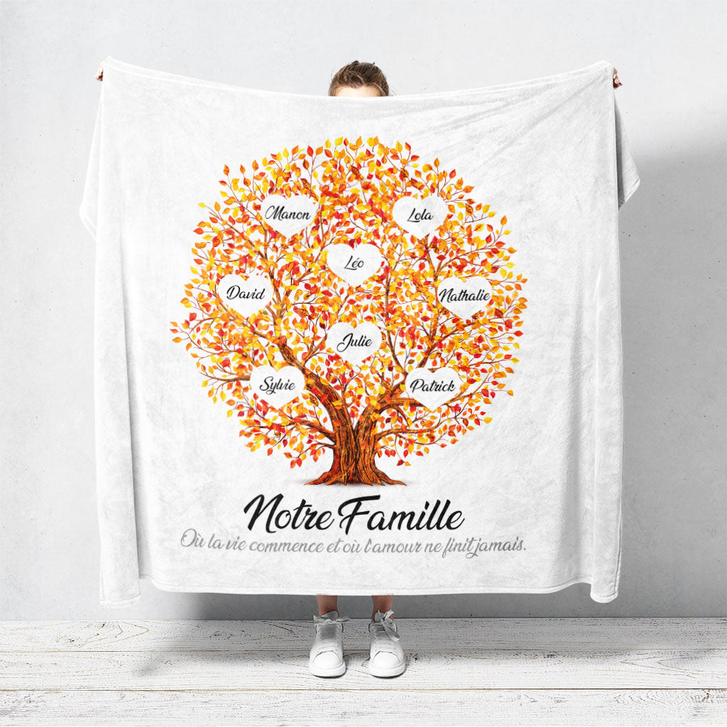 Un plaid personnalisé famille qui représente un Arbre de vie personnalisé en forme de boule et peint en aquarelle avec des feuilles de couleur jaune orangés. Les prénoms et les textes sont personnalisables.