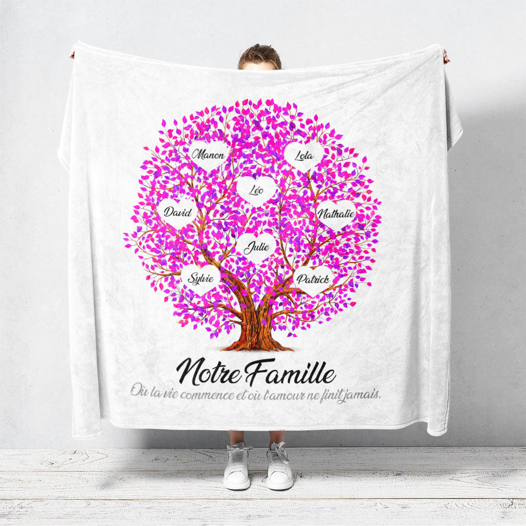Un plaid personnalisé famille qui représente un Arbre de vie personnalisé en forme de boule et peint en aquarelle avec des feuilles de couleur rose. Les prénoms et les textes sont personnalisables.