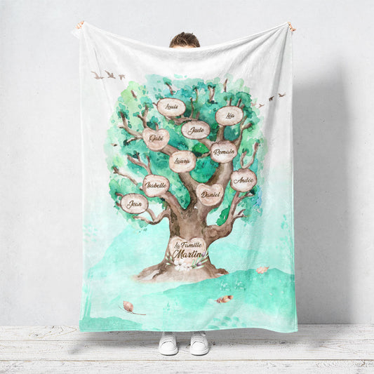 Plaid personnalisé famille Arbre de vie qui représente un Arbre de vie personnalisé de chêne massif peint en aquarelle avec des feuilles de couleur turquoises. Les prénoms et les textes sont personnalisables.