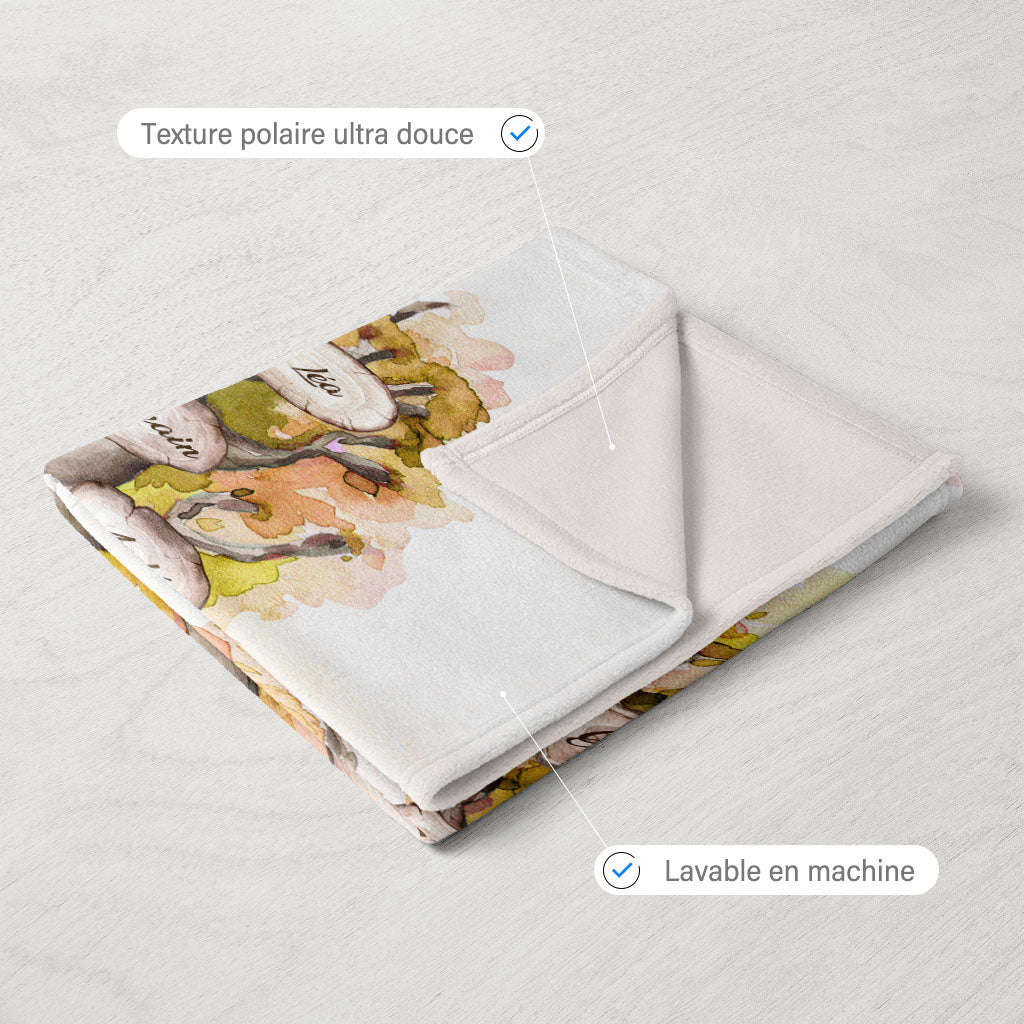 Plaid personnalisé, Prénom, Polaire, famille, Arbre de vie, Chêne Aquarelle Jaune