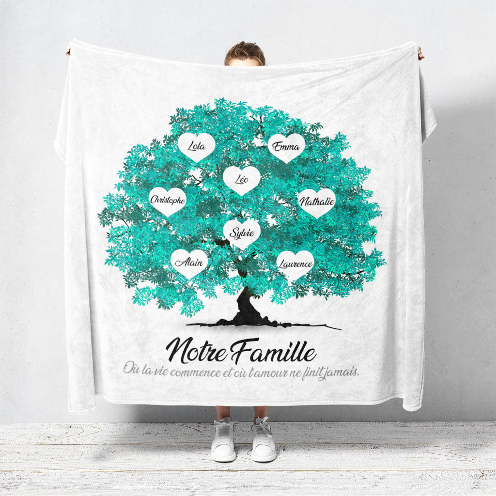 Un plaid personnalisé famille qui représente un Arbre de vie personnalisé réaliste peint en aquarelle avec des feuilles de couleur cyans. Les prénoms et les textes sont personnalisables.