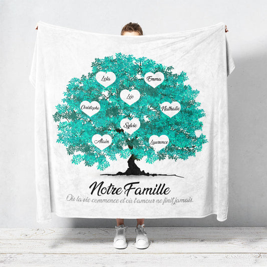 Un plaid personnalisé famille qui représente un Arbre de vie personnalisé réaliste peint en aquarelle avec des feuilles de couleur cyans. Les prénoms et les textes sont personnalisables.