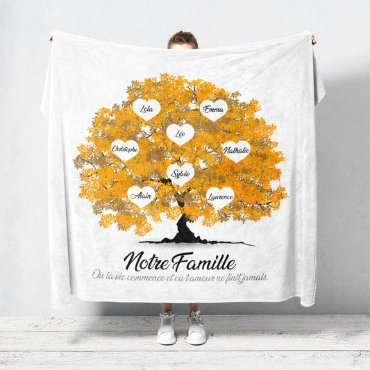 Un plaid personnalisé famille qui représente un Arbre de vie personnalisé réaliste peint en aquarelle avec des feuilles de couleur orange. Les prénoms et les textes sont personnalisables.
