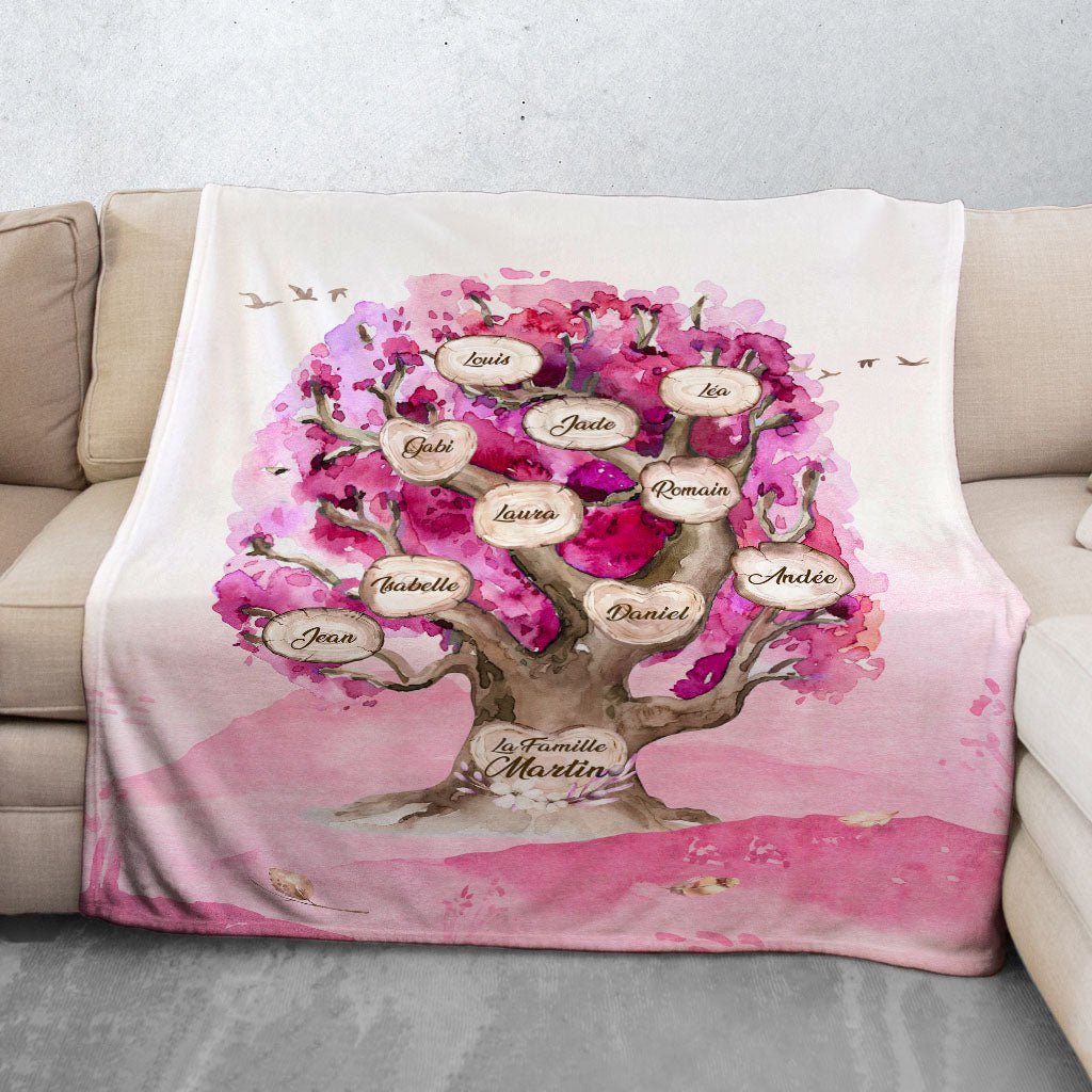 Plaid personnalisé, Prénom, Polaire, famille, Arbre de vie, Chêne Aquarelle Rose