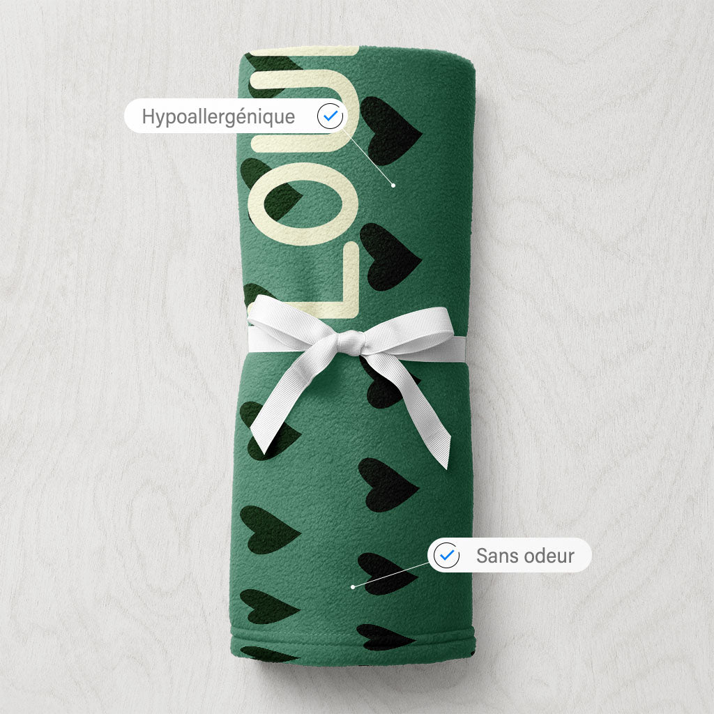 Plaid bebe personnalisé, Naissance, Motif coeurs vert