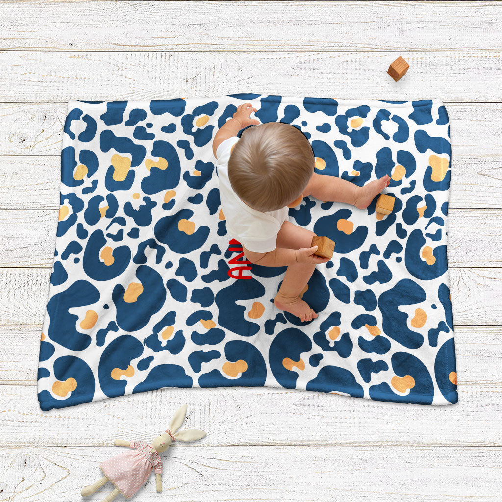 Plaid bebe personnalisé, Naissance, Motif léopard bleu et jaune