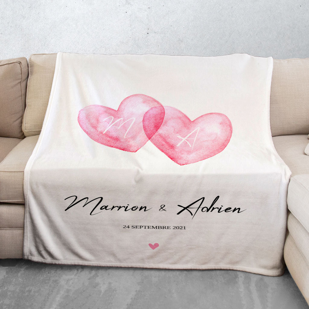 Plaid personnalisé, Polaire, Couple, Mariage, Coeurs croisées aquarelle rose