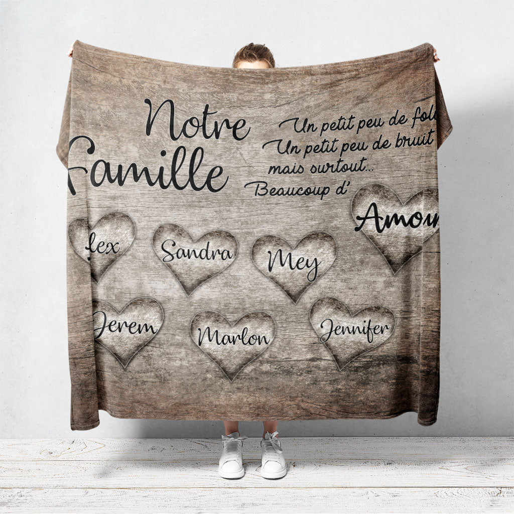 Plaid personnalisé, Prénom, Polaire, famille, coeurs gravés bois