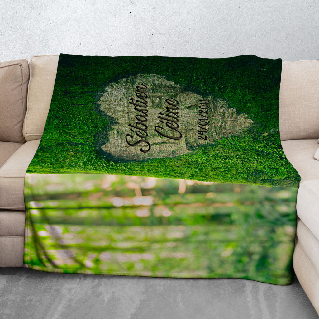 Plaid personnalisé, Polaire, Couple, Mariage, Cœur gravé Arbre mousse