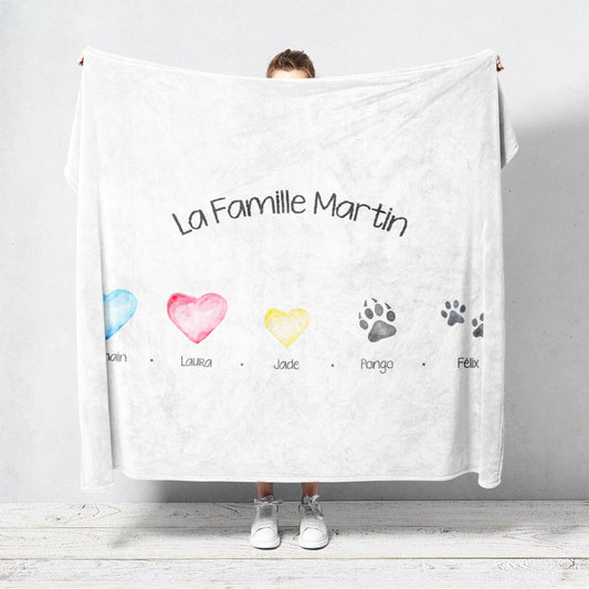 Un plaid personnalisé famille qui représente votre famille via des icones minimaliste peint en aquarelle. Les prénoms, les icones (chien, chat, chevaux, rongeur, oiseaux) et les textes sont personnalisables.