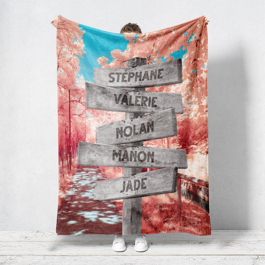 Un plaid personnalisé famille qui représente des panneaux de direction en bois avec des prénoms inscrit dessus dans un décors de forêt rose traversé par une route. Les prénoms sur les panneaux sont personnalisables.