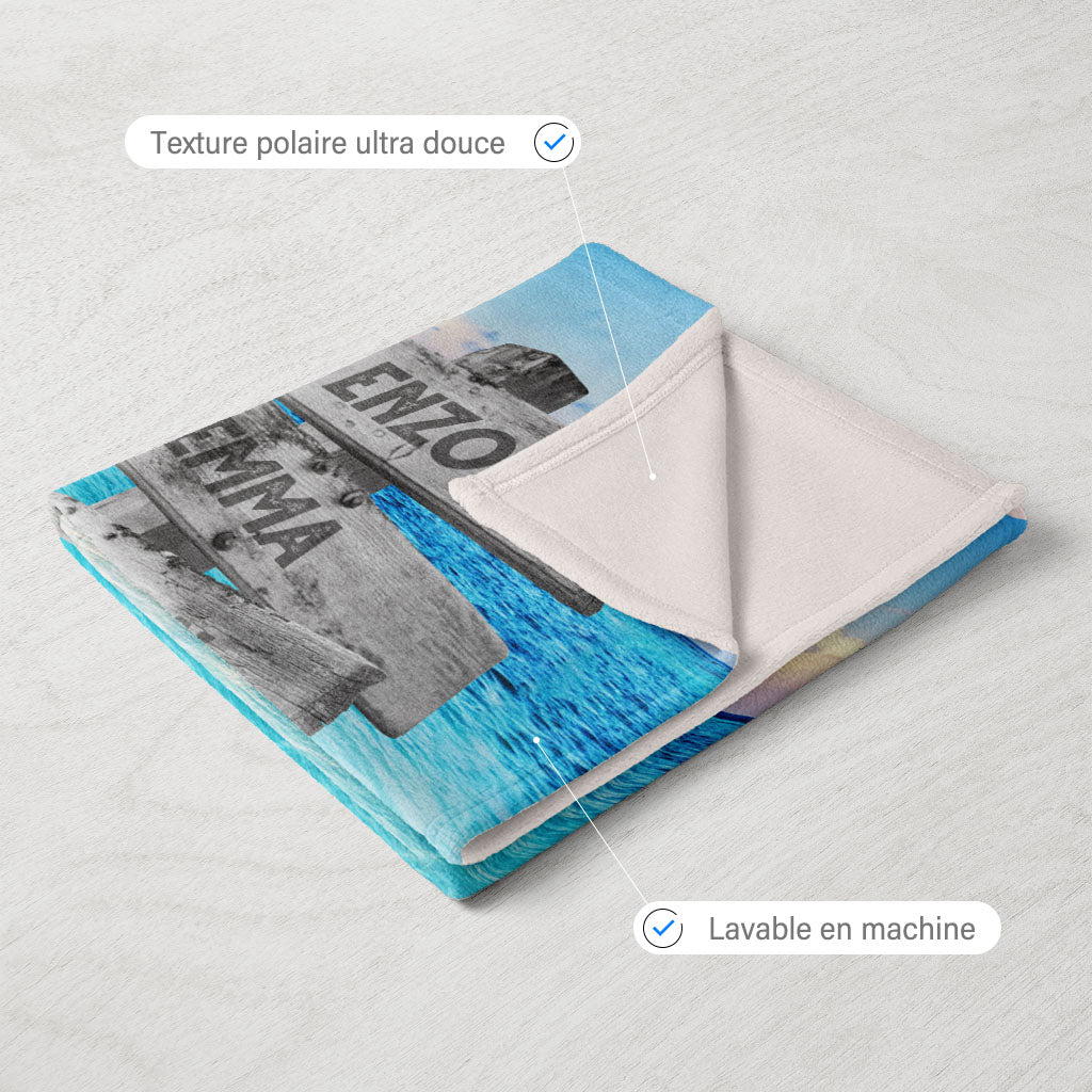 Plaid personnalisé, Prénom, Famille, Plage Cœur