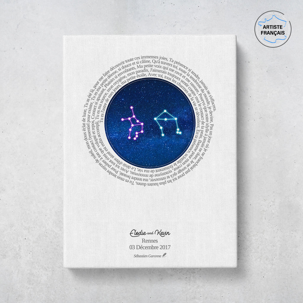 Tableau personnalisé couple et mariage qui représente une constellation, deux signes du zodiaque et un poème, le tout sur un fond blanc. Les prénoms, la ville et la date de rencontre du couple sont personnalisables. Le design est minimaliste.