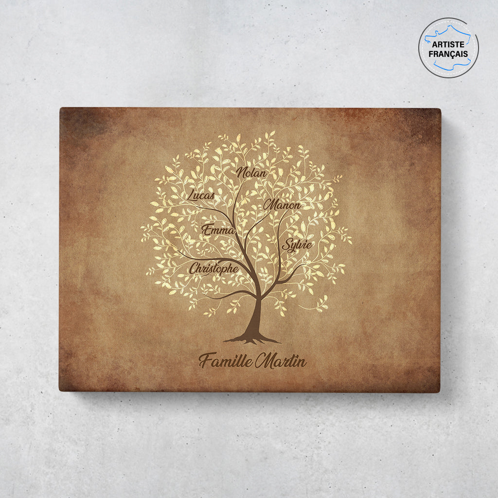 Un tableau arbre de vie personnalisé famille qui représente un Arbre de vie personnalisé dessinée sur un vieux parchemin avec de l’encre claire. Les prénoms et les textes sont personnalisables.