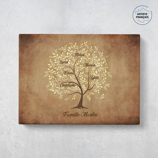 Un tableau arbre de vie personnalisé famille qui représente un Arbre de vie personnalisé dessinée sur un vieux parchemin avec de l’encre claire. Les prénoms et les textes sont personnalisables.