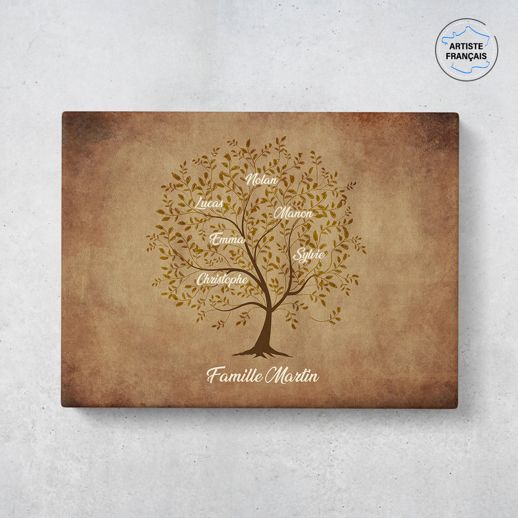 Un tableau arbre de vie personnalisé famille qui représente un Arbre de vie personnalisé dessinée sur un vieux parchemin avec de l’encre foncée. Les prénoms et les textes sont personnalisables.