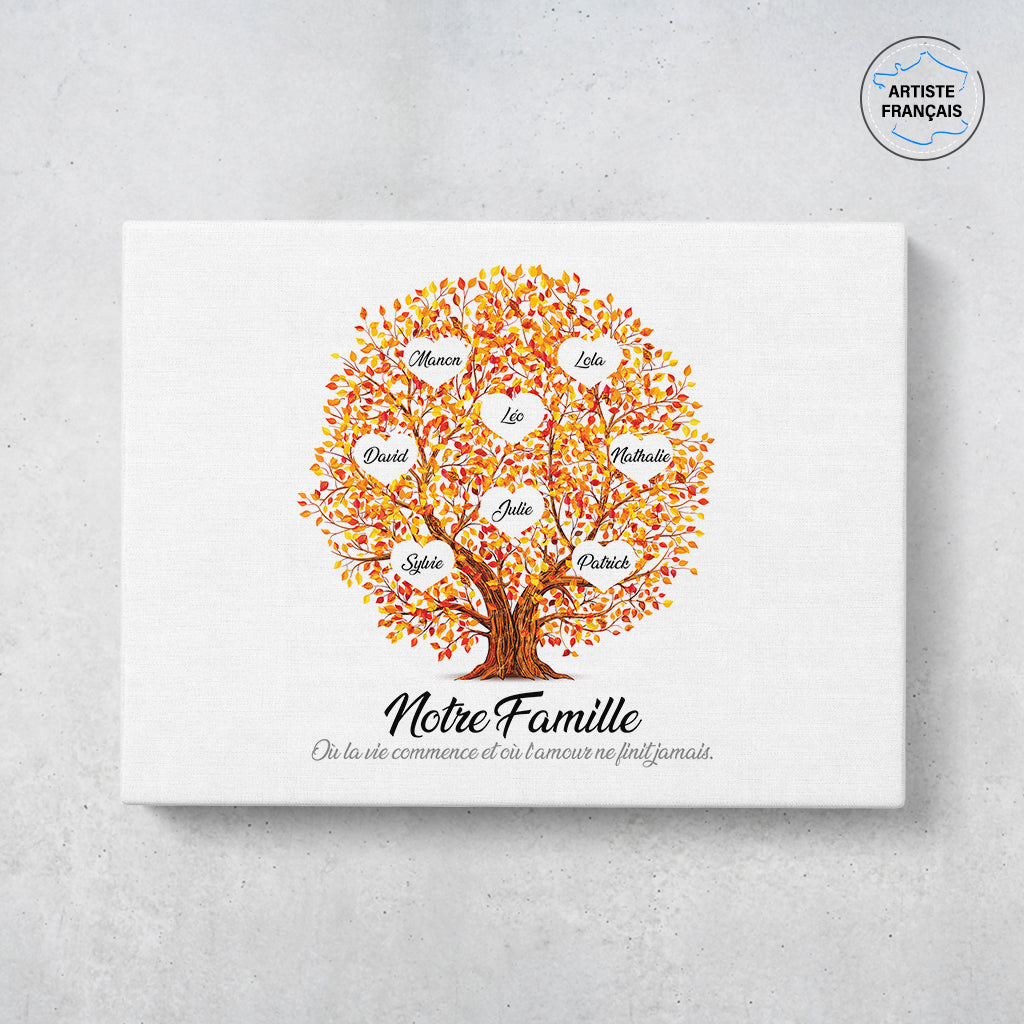 Un tableau arbre de vie personnalisé famille qui représente un Arbre de vie personnalisé en forme de boule et peint en aquarelle avec des feuilles de couleur jaune orangés. Les prénoms et les textes sont personnalisables.