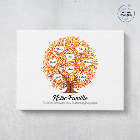 Un tableau arbre de vie personnalisé famille qui représente un Arbre de vie personnalisé en forme de boule et peint en aquarelle avec des feuilles de couleur jaune orangés. Les prénoms et les textes sont personnalisables.