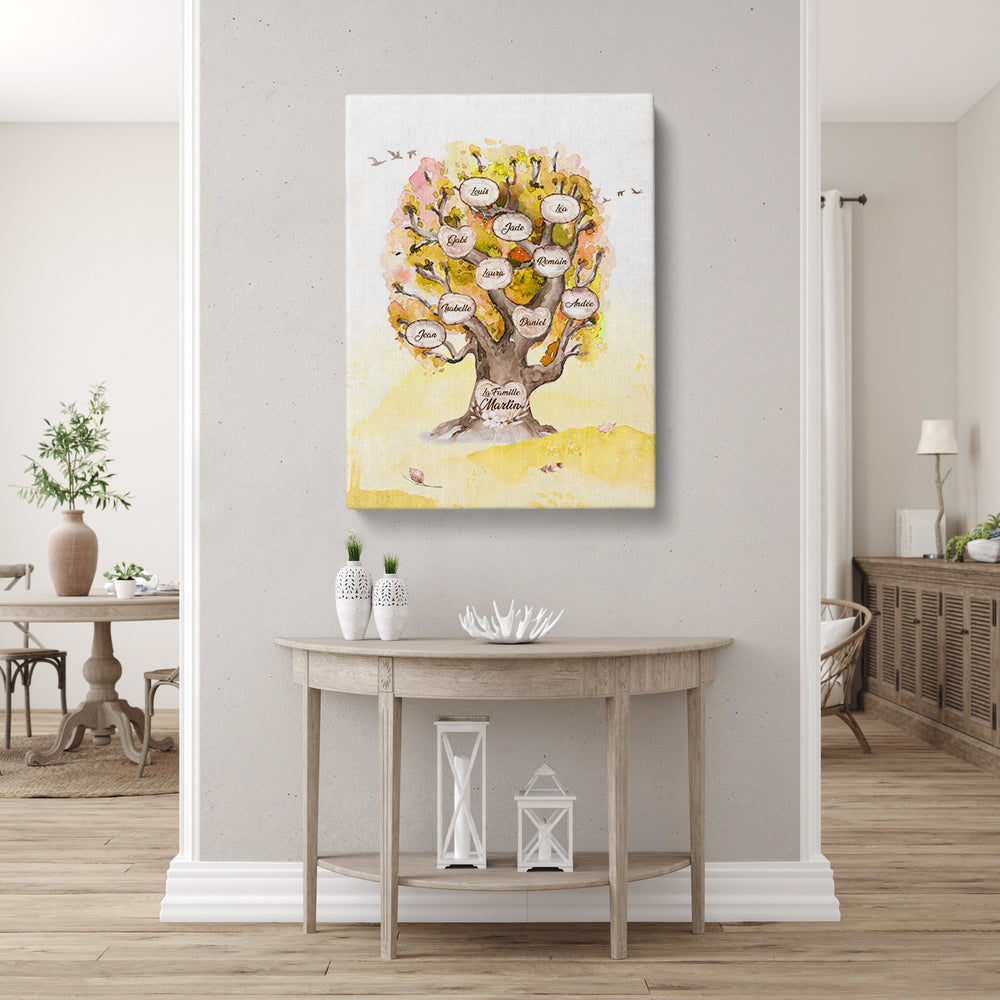 Tableau arbre de vie personnalisé, Famille, Prénom, Chêne Aquarelle Jaune