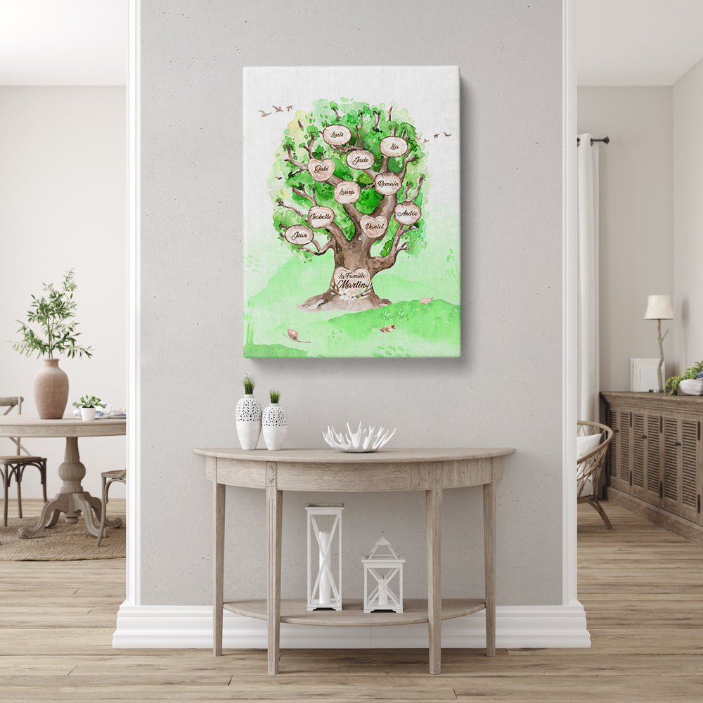 Tableau arbre de vie personnalisé, Famille, Prénom, Chêne Aquarelle Vert
