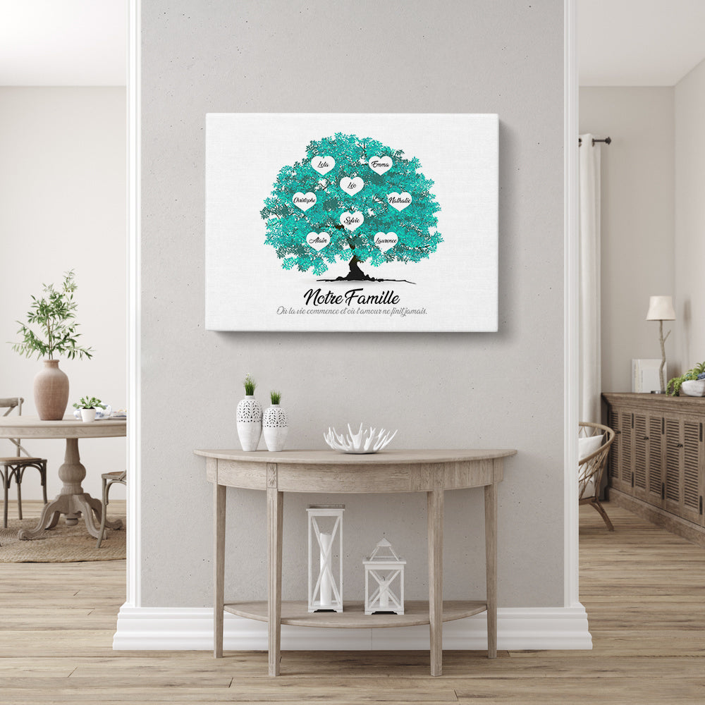 Tableau arbre de vie personnalisé, Famille, Prénom, Réaliste Cyan