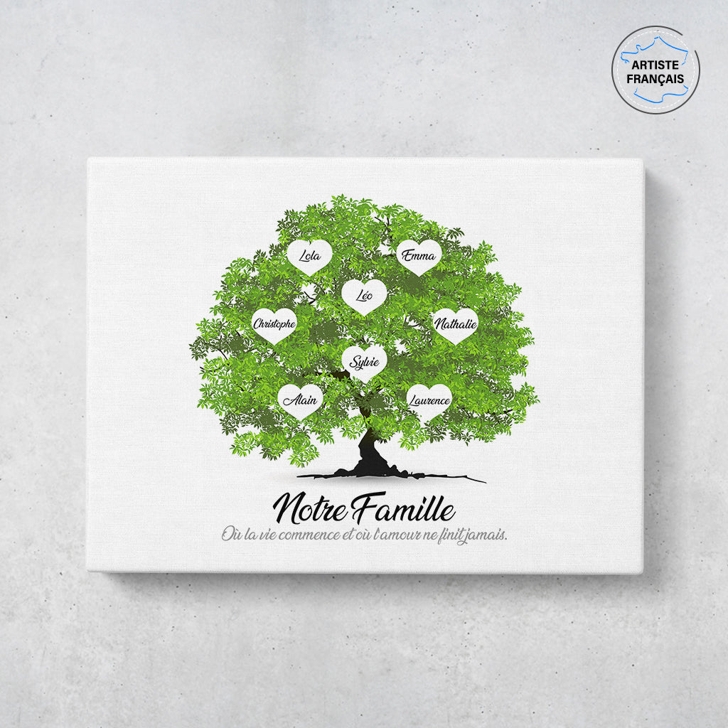 Un tableau arbre de vie personnalisé famille qui représente un Arbre de vie personnalisé réaliste peint en aquarelle avec des feuilles de couleur vertes. Les prénoms et les textes sont personnalisables.