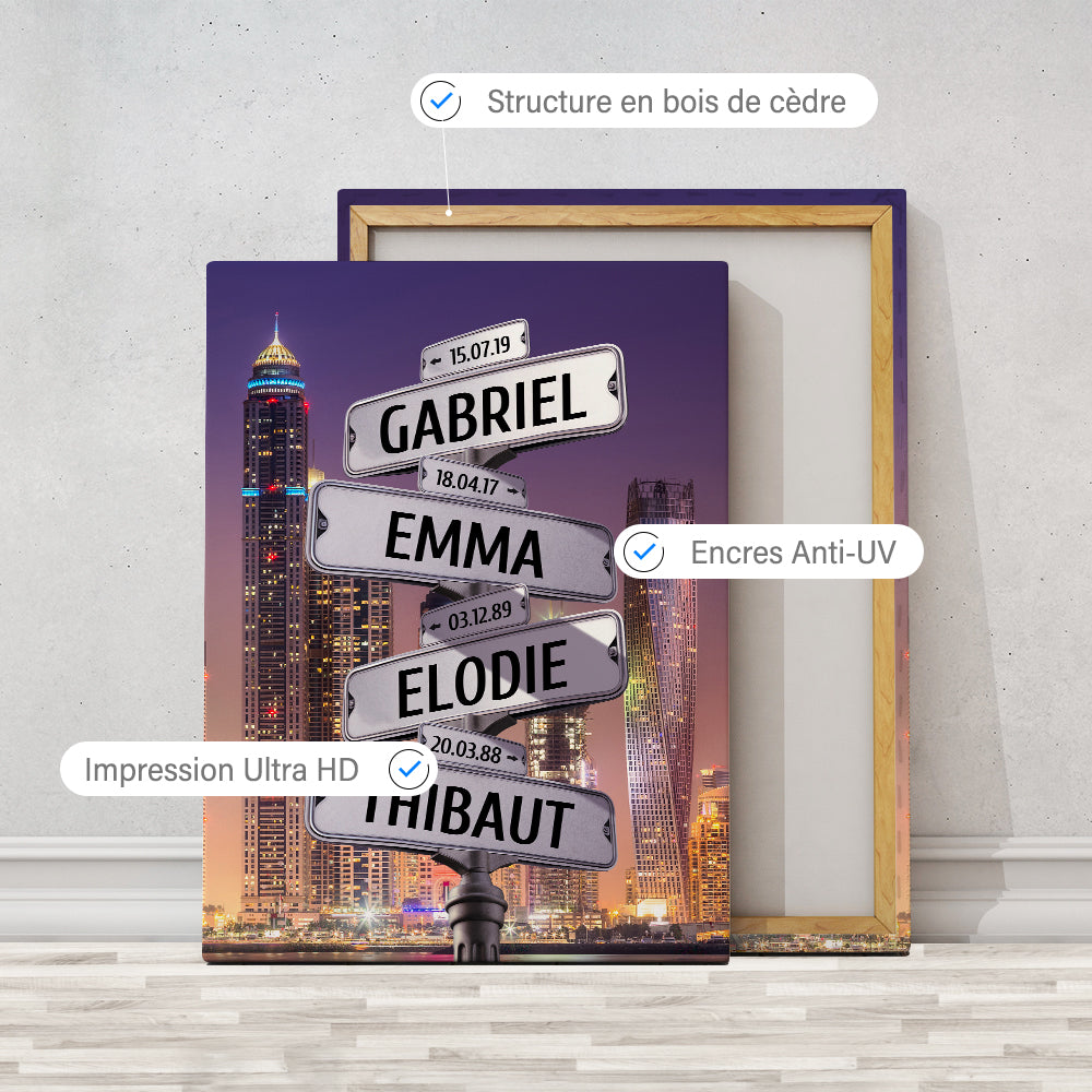 Tableau personnalisé famille, Prénom, Panneaux, Ville, Dubaï nuit