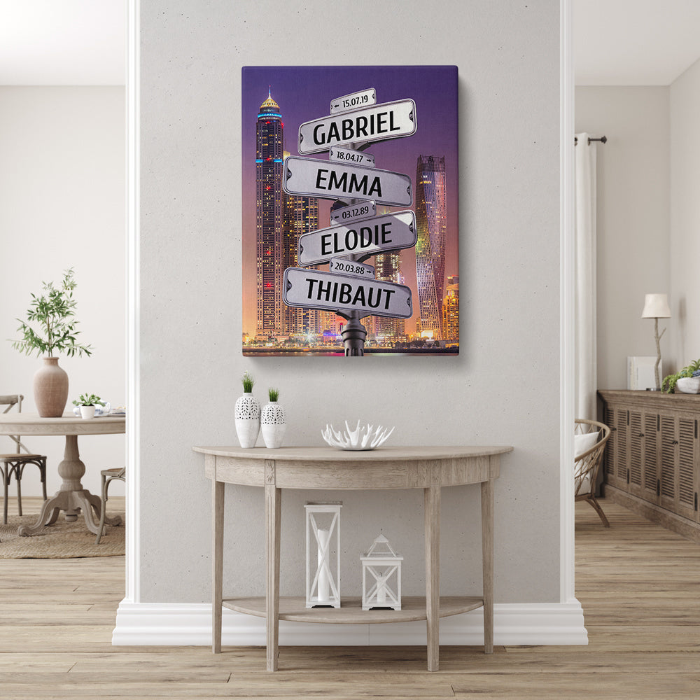 Tableau personnalisé famille, Prénom, Panneaux, Ville, Dubaï nuit