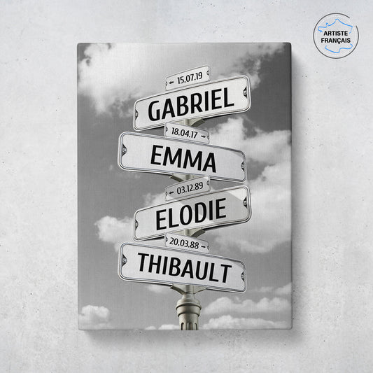 Un tableau personnalisé famille qui représente des panneaux de direction de ville sous un ciel nuageux en noir et blanc. Les prénoms et dates de naissances sur les panneaux sont personnalisables.