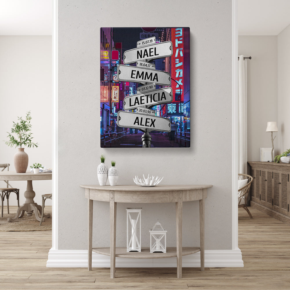 Tableau personnalisé famille, Prénom, Panneaux, Ville, Rue de Tokyo nuit