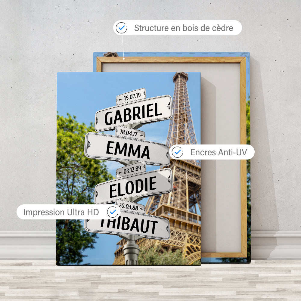 Tableau personnalisé famille, Prénom, Panneaux, Ville, Paris Tour Eiffel