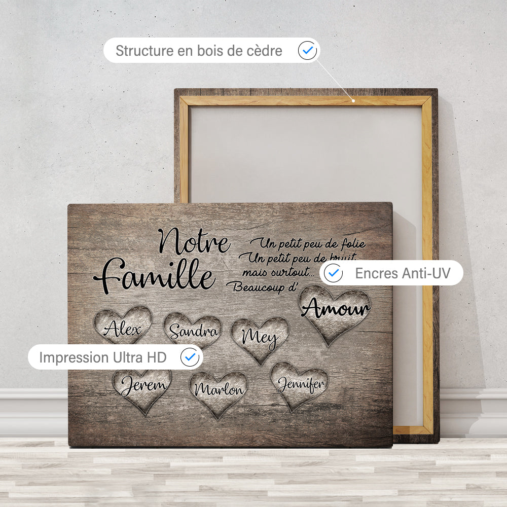 Tableau personnalisé famille, Prénom, coeurs gravés bois