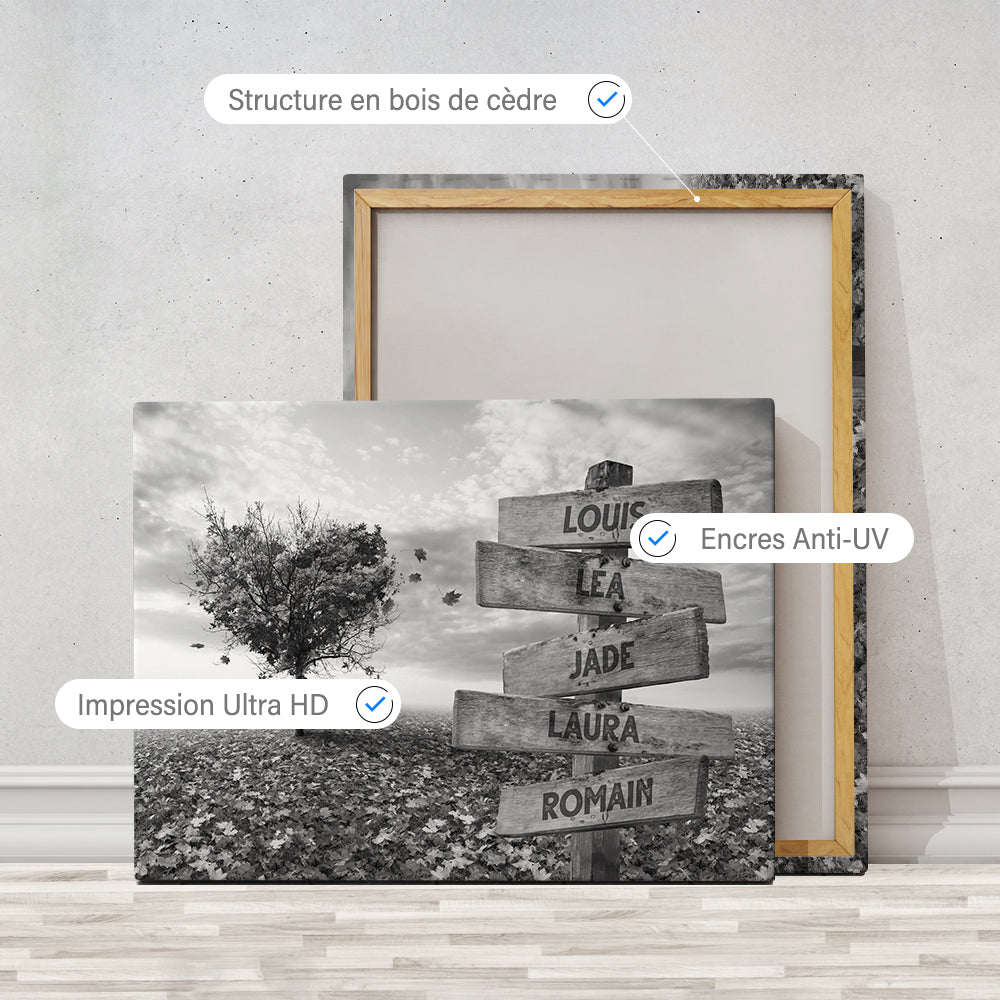 Tableau personnalisé famille, Prénom, Panneaux, Arbre cœur noir et blanc Vintage