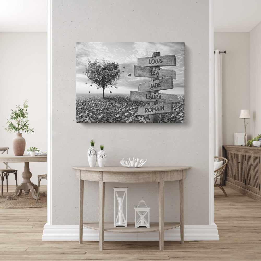 Tableau personnalisé famille, Prénom, Panneaux, Arbre cœur noir et blanc Vintage