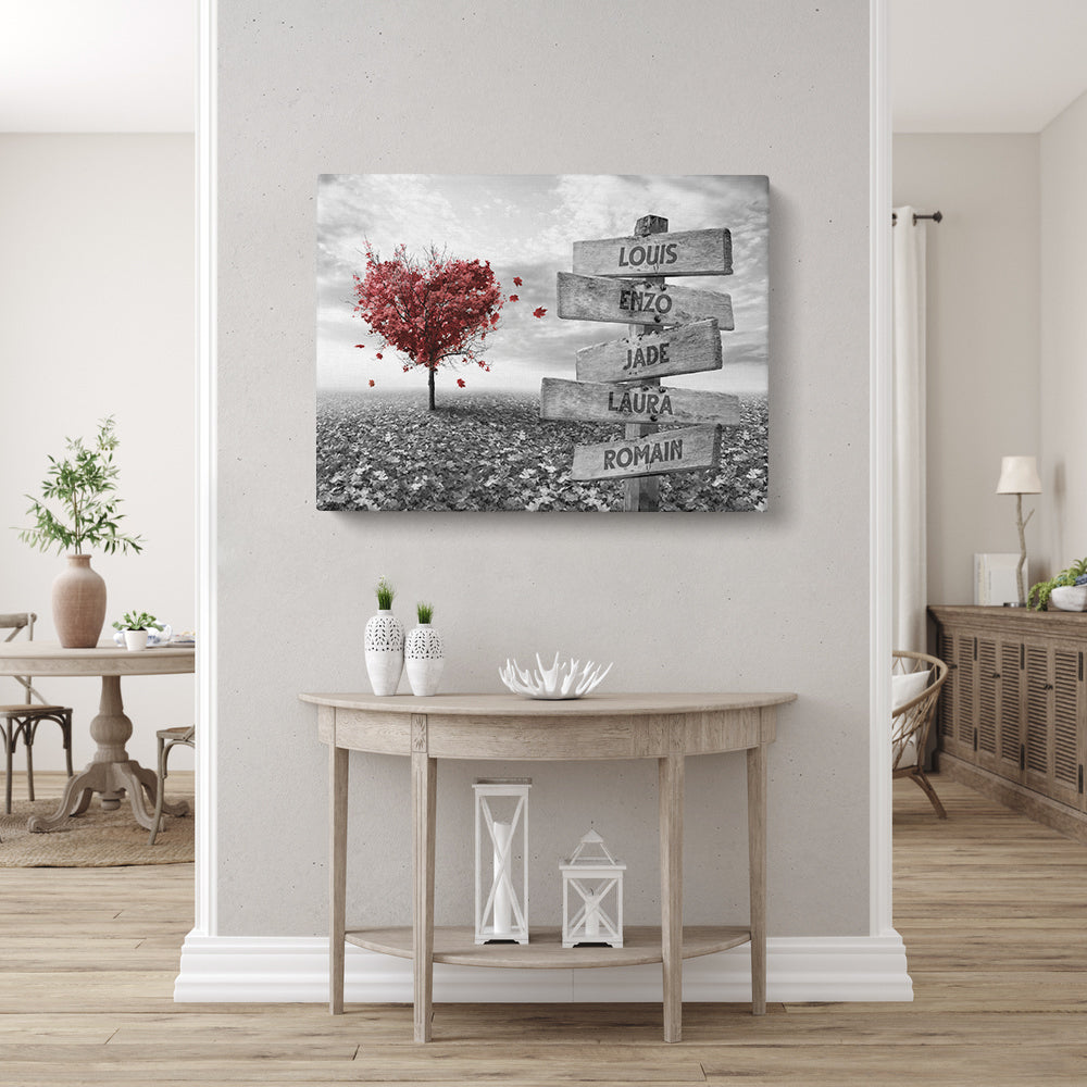 Tableau personnalisé famille, Prénom, Panneaux, Arbre cœur Rouge