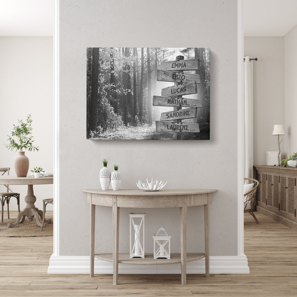 Tableau personnalisé famille, Prénom, Panneaux, Forêt noir et blanc