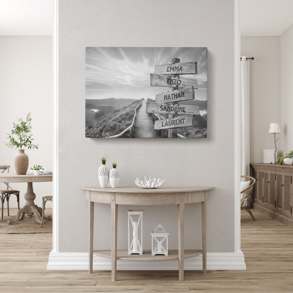 Tableau personnalisé famille, Prénom, Panneaux, Montagne Coucher de Soleil noir et blanc